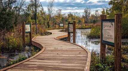 Wall Mural - a wooden boardwalk winding through a wetland preserve, with educational signage and lookout points