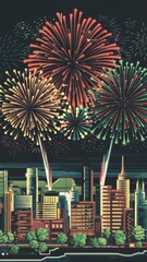 Poster - Colorful Fireworks Over a City Skyline