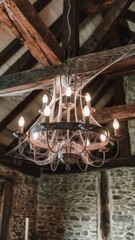 Canvas Print - Rustic Chandelier Hanging in a Wooden Ceiling Loft