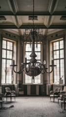 Sticker - Elegant Chandelier in Abandoned Room with Large Windows