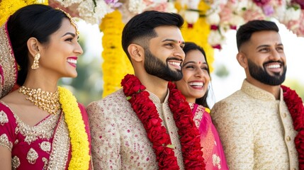 Sticker - Indian wedding ceremony under a flower-adorned mandap with bride and groom exchanging garlands and family members smiling 