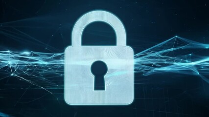 Poster - A digital padlock appears in a vibrant blue backdrop, representing cybersecurity efforts to safeguard data against cyber threats and unauthorized access.
