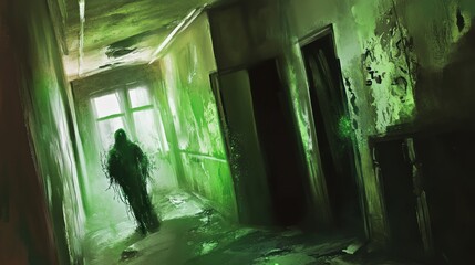 Wall Mural - Eerie Hallway with Mysterious Figure in Green Light