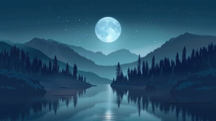 Wall Mural - moonlight background. serene lake landscape with moonlight illuminating forested mountains