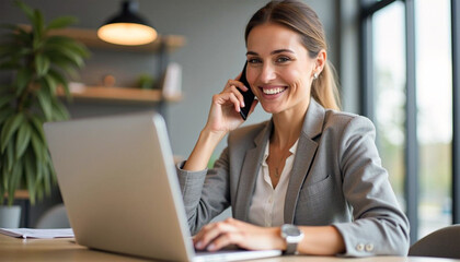 Smiling mature middle aged professional business woman manager talking on the cell phone in office using laptop computer  