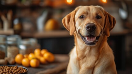 Happy dog sitting calmly amidst an array of fresh natural dog food ingredients.