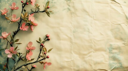 Shabby old vintage paper background with spring flowers.  For digital printing, greeting card illustration ideas, decoupage needlework or scrapbooking.