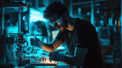 Poster - ** biohacking scientist injecting glowing substance in dimly lit home lab with futuristic equipment.