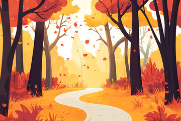 Autumn Forest Path with Vibrant Red, Yellow, and Orange Foliage