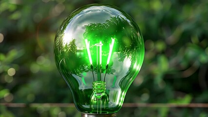 Poster - A vibrant green light bulb illuminates softly, reflecting the surrounding greenery. The peaceful outdoor setting creates a calm atmosphere as dusk approaches.