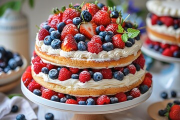 Poster - A stunning Berry Cake. The cake have multiple layers of light vanilla sponge, filled with fluffy Chantilly cream and fresh, vibrant berries such as strawberries, blueberries, and raspberries.