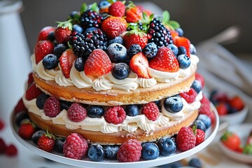 Poster - A stunning Berry Cake. The cake have multiple layers of light vanilla sponge, filled with fluffy Chantilly cream and fresh, vibrant berries such as strawberries, blueberries, and raspberries.