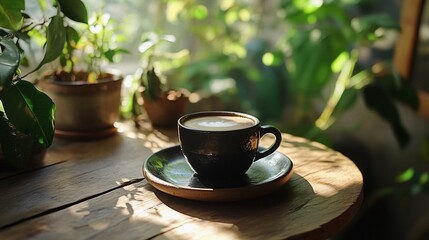 Sticker - A cup of coffee with latte art on a wooden table with green plants in the background.