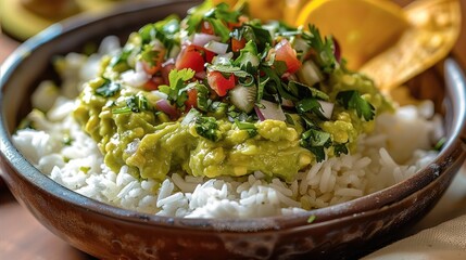 Poster - Guacamole on top of rice. Generative AI.