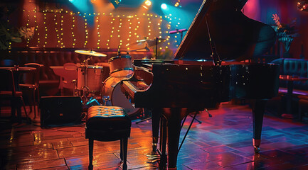 Poster - Club stage. room grand piano with drum, club lighting. Generative AI.