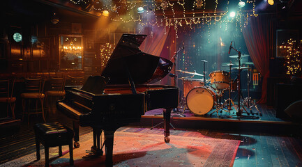 Poster - Club stage. room grand piano with drum, club lighting. Generative AI.