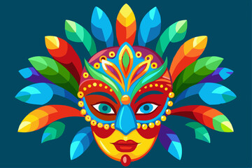 Wall Mural - A vibrant and colorful festival mask with intricate details, adorned with feathers in bright orange, blue, green, and red tones. Brazil carnival masks vector art illustration 