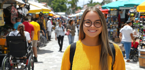 Smiling young woman exploring a busy outdoor market