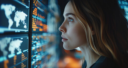 Aufkleber - Businesswoman analyzing AI data streams on screens, control panel of a global trading system on the blockchain. Generative AI.