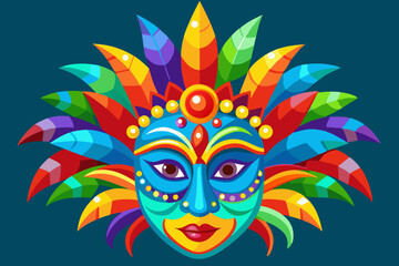 Poster - A vibrant and colorful festival mask with intricate details, adorned with feathers in bright orange, blue, green, and red tones. Brazil carnival masks vector art illustration 