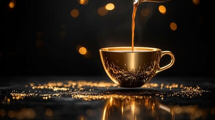 Golden Cup with Pouring Coffee and Bokeh Lights