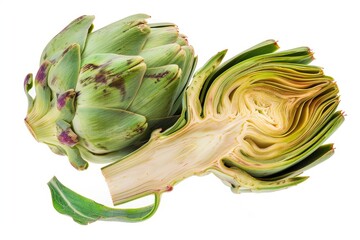 A fresh green artichoke sits whole beside its intricate inner layers. Bright colors and natural design show its healthy appeal. Perfect for food photography and culinary art. Generative AI