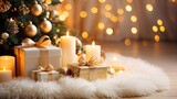 Elegant Christmas gifts with candles against sparkling lights, festive season decoration