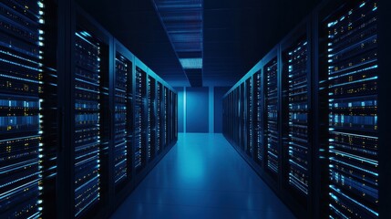 Poster - Server Room Corridor with Blue Lighting