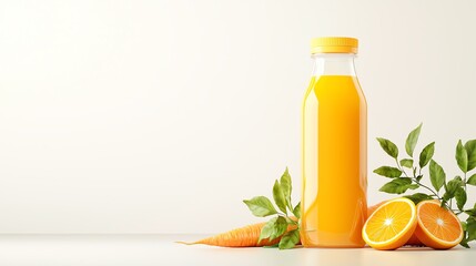 Bottle of orange juice with fresh oranges, white isolate background