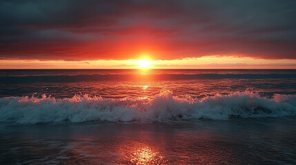 A fiery sunset over the ocean with a wave crashing on the shore