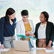 © peopleimages.com - Group, reading and review of contract, office and agreement of people, meeting and explaining. Corporate, talking and signature of media coordinator, laptop and terms of campaign, project and women