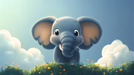 The cartoon illustration depicts a smiling elephant with big ears and tusks, which makes a great card, birthday celebration print, or nature poster for zoos or nature lovers.