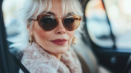 Poster - A woman in a car with sunglasses on her face. She is wearing a white scarf and earrings