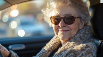 Wall Mural - A woman in a blue jacket and sunglasses is sitting in a car. She is looking at the camera