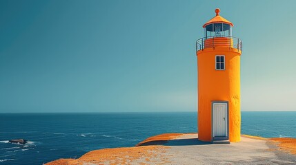 Poster - An orange lighthouse, minimalist style, bright blue sky. Generative AI.