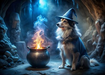 witch dog, fur fluffed up with magic, stands tall, eyes fixed on glowing cauldron filled with shimme