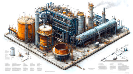 A detailed industrial facility showcasing various tanks, pipes, and machinery for processing and manufacturing.