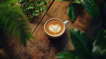 Poster - A cup of latte art with a heart design in the center, surrounded by green leaves on a wooden table.