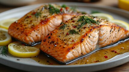 two pieces of grilled salmon with lemon slices and herbs on a plate.