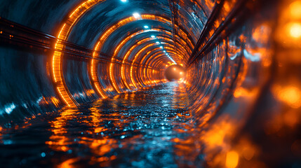 A vivid view of a futuristic tunnel illuminated by bright orange lights, showcasing reflection on water surface.