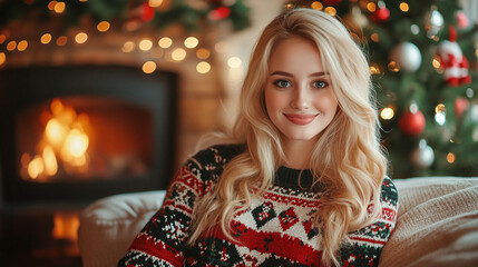 Portrait of smiling blonde woman in New Year's sweater sitting on armchair near fireplace and Christmas tree on New Year's Eve