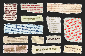 Wall Mural - ripped paper strips with handwritten text. realistic crumpled paper scraps with torn edges. shreds o