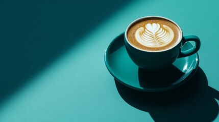 Sticker - A cup of latte with a beautiful leaf design in the foam sits on a teal saucer. The saucer is on a teal surface with a diagonal shadow.