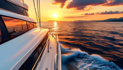 Wall Mural - Luxury yacht gliding against a vibrant sunset, embodying the essence of summer travel and the allure of yachting adventures