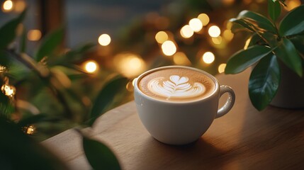 Canvas Print - A cup of latte with a flower design in the foam on a wooden table with plants in the background.