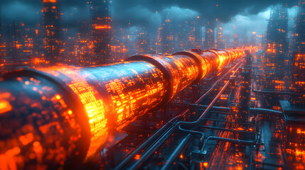 Futuristic pipeline illuminated by vivid lights, set against a cyberpunk cityscape with dramatic clouds.