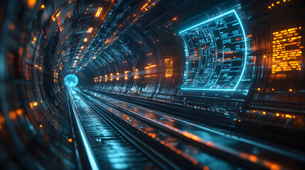 Futuristic tunnel featuring glowing lights and digital displays, creating a captivating sci-fi atmosphere.