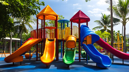 Colorful kid playground with a slide and swing set on yard in the park