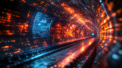 Poster - Futuristic tunnel illuminated with vibrant blue and orange lights, showcasing a digital surreal atmosphere and a sense of movement.