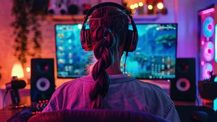 Poster - A person with a braided hairstyle sits focused in front of a large screen, surrounded by colorful LED lighting and audio equipment while playing an engaging game.